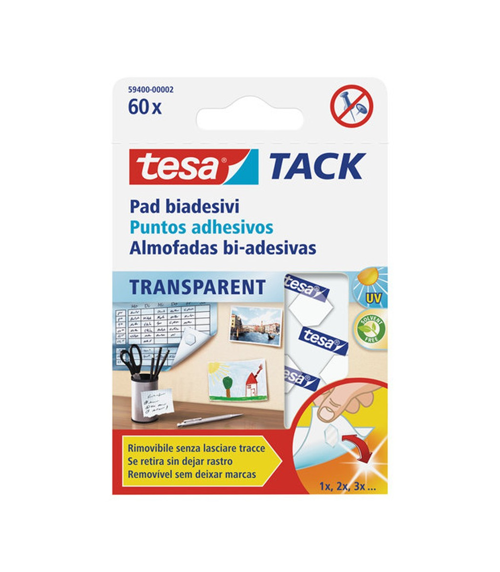 Tesa TACK transparent sind doppelseitige Klebepads zum sauberen Befestigen  von leichten Objekten