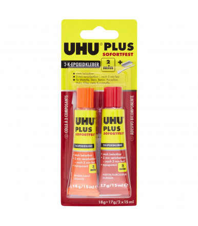 Super fast, extra strong and transparent two-component epoxy adhesive UHU PLUS 2 MINUTES 2x15ml