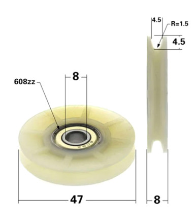 Nylon wheel with bearing and round groove Ø 47 mm
